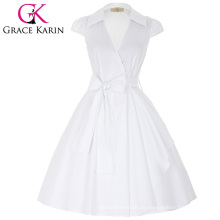 Grace Karin Cap Ärmel Reverskragen V-Ausschnitt High-Stretchy Weiß Retro Vintage Sommerkleid CL008953-2